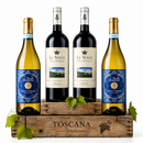 Italienisches Weinpaket mit Le Volte dell’Ornellaia Rotwein und Feudo Arancio Pinot Grigio auf rustikalem Holztablett 🇮🇹