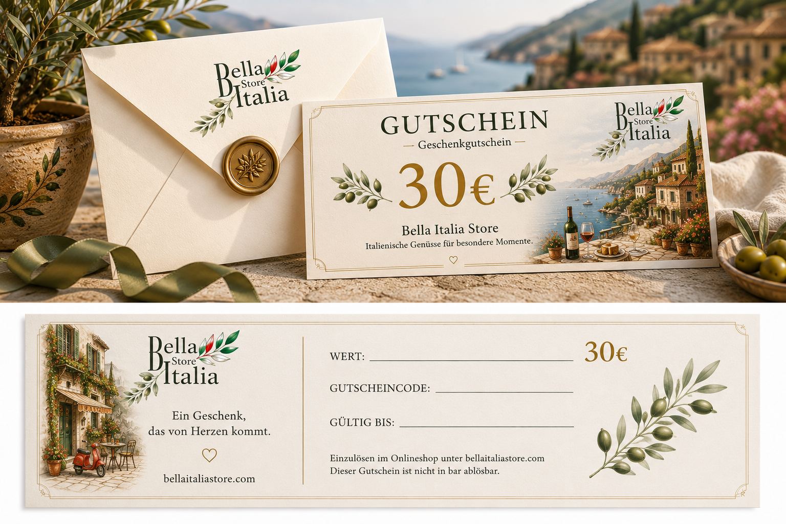    Italienischer Geschenkgutschein 30 Euro von Bella Italia Store mit eleganter Italien-Kulisse und Geschenkidee für Feinkost Liebhaber 