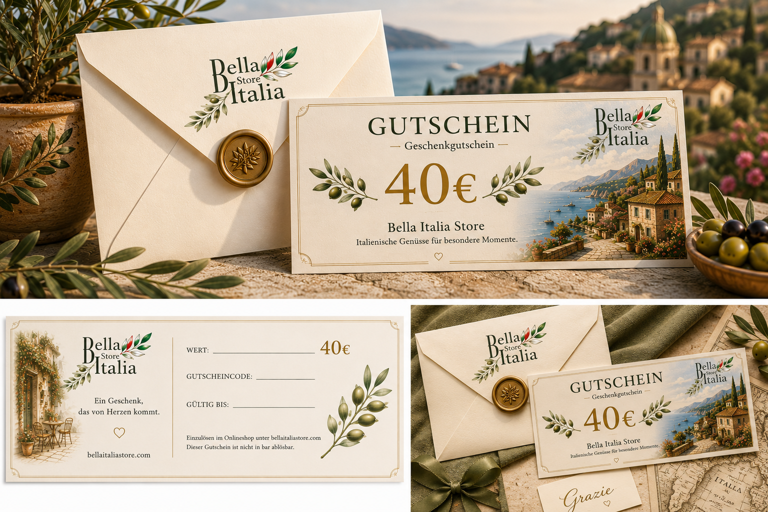     Bella Italia Store Gutschein 40 Euro mit italienischer Riviera, Olivenzweigen und stilvollem Premium Design 