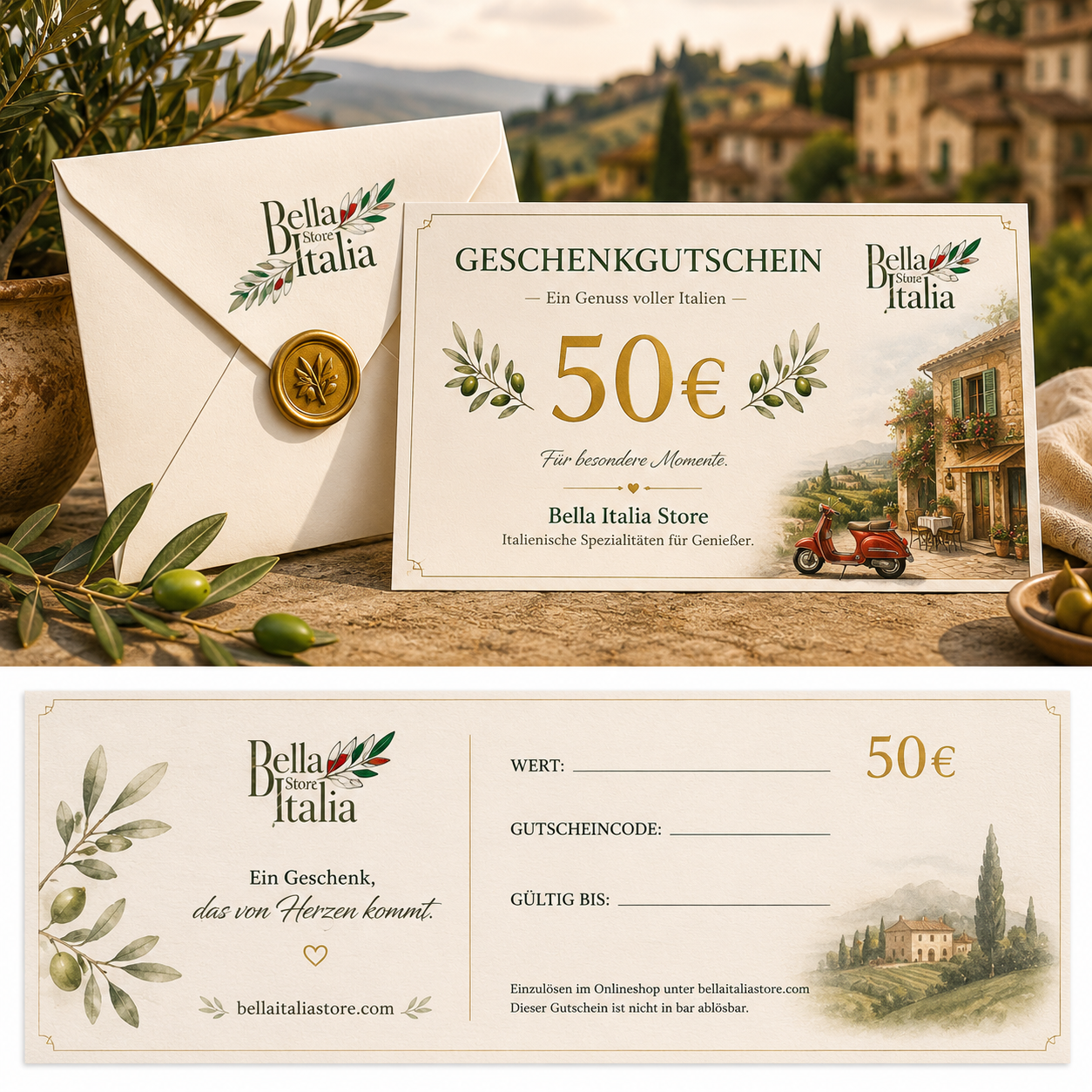     50 Euro Geschenkgutschein von Bella Italia Store für italienische Spezialitäten, Wein und mediterrane Genussmomente ✨