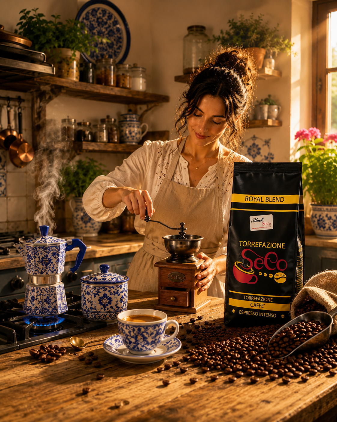 Italienische Kaffeebohnen SeCo Royal Blend 1 kg mit frisch zubereitetem Espresso, Kaffeebohnen und traditioneller Mokkakanne in einer rustikalen italienischen Küche.