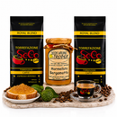 Espresso Bergamotte Paket mit SeCo Espresso Intenso, Royal Blend Crema und Bergamottenmarmelade aus Kalabrien auf rustikaler Präsentation