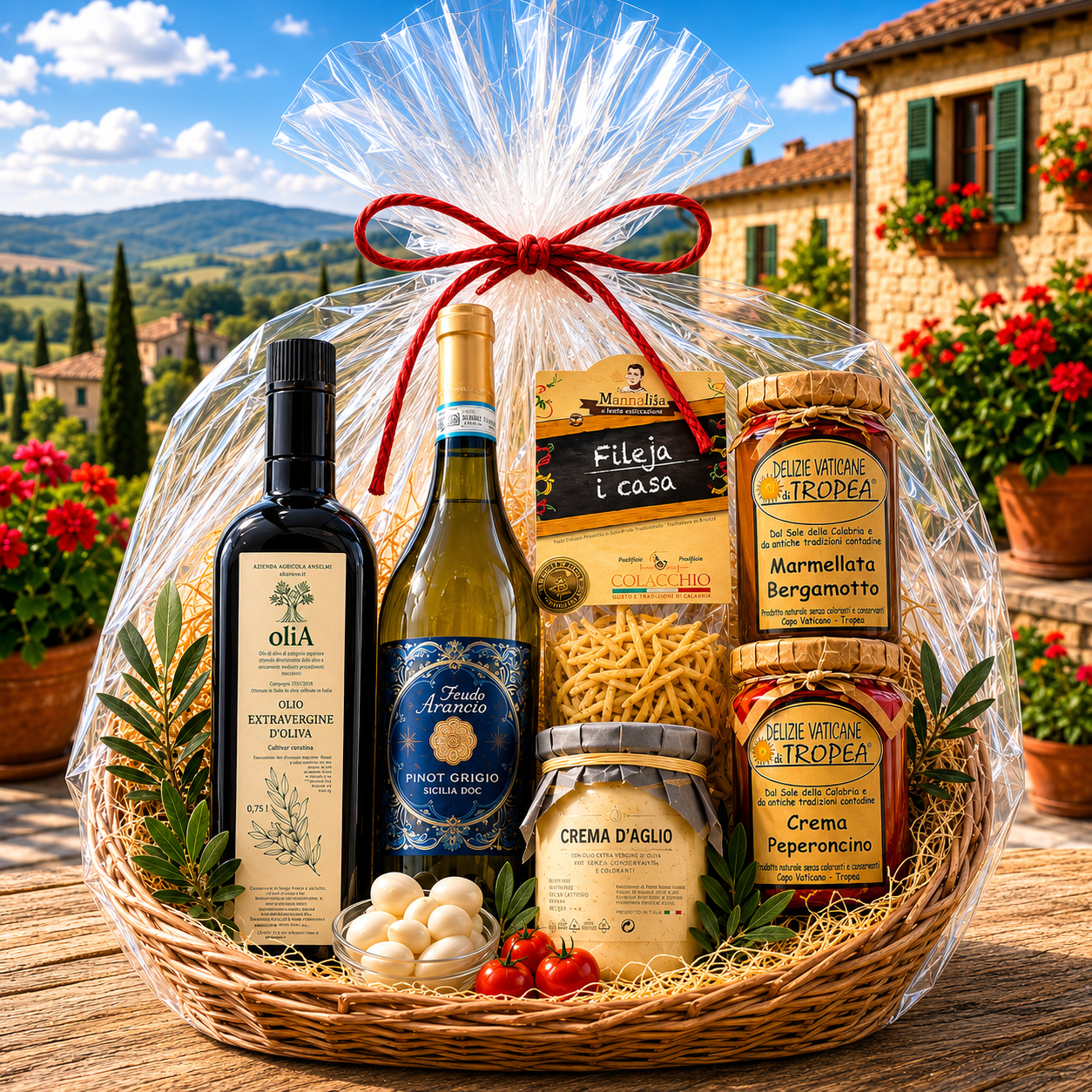 Italienischer Genusskorb mit Wein, Olivenöl & Feinkost