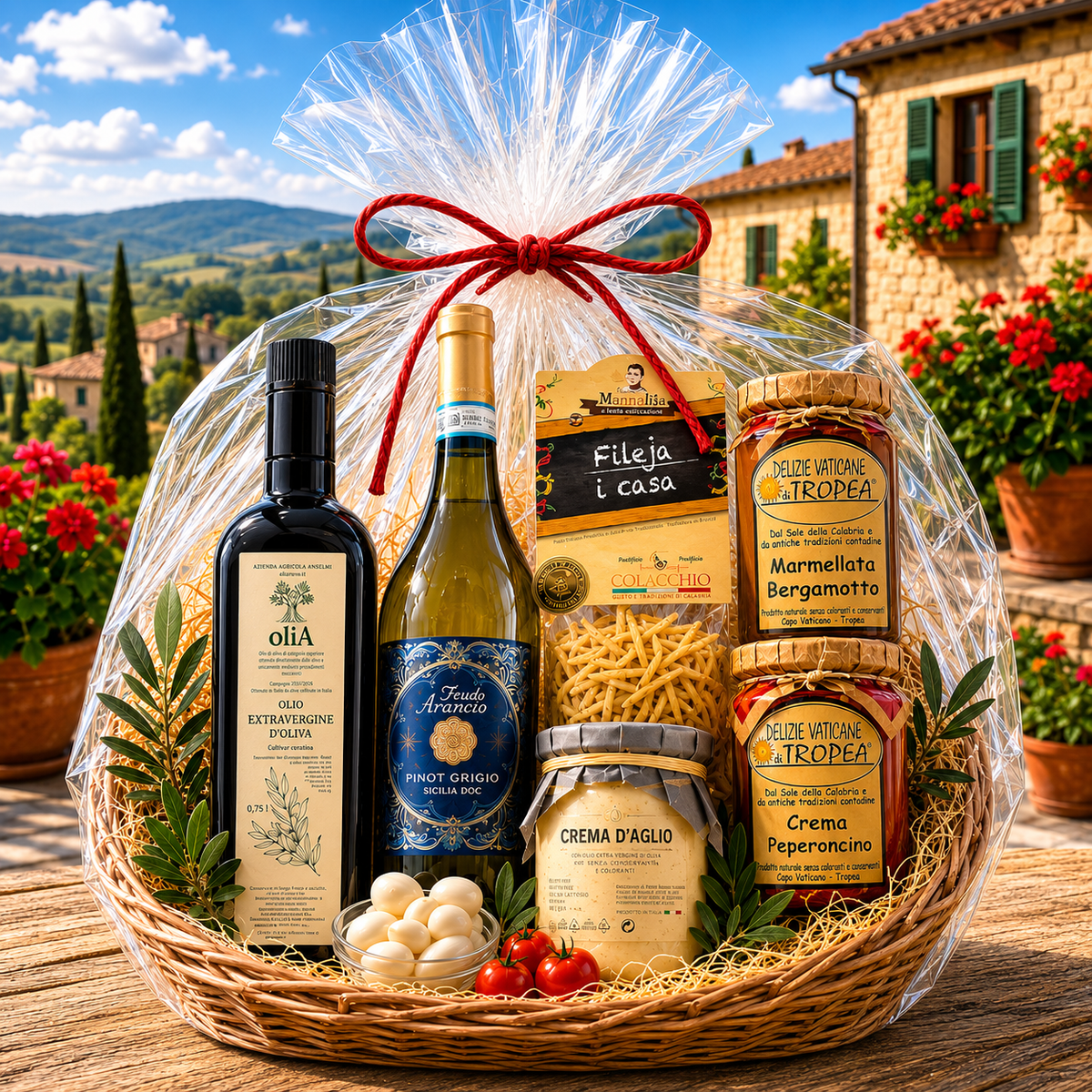 Premium italienischer Geschenkkorb mit Pinot Grigio, Olivenöl Extra Vergine, Fileja Pasta und ausgewählten Delikatessen aus Kalabrien und Sizilien