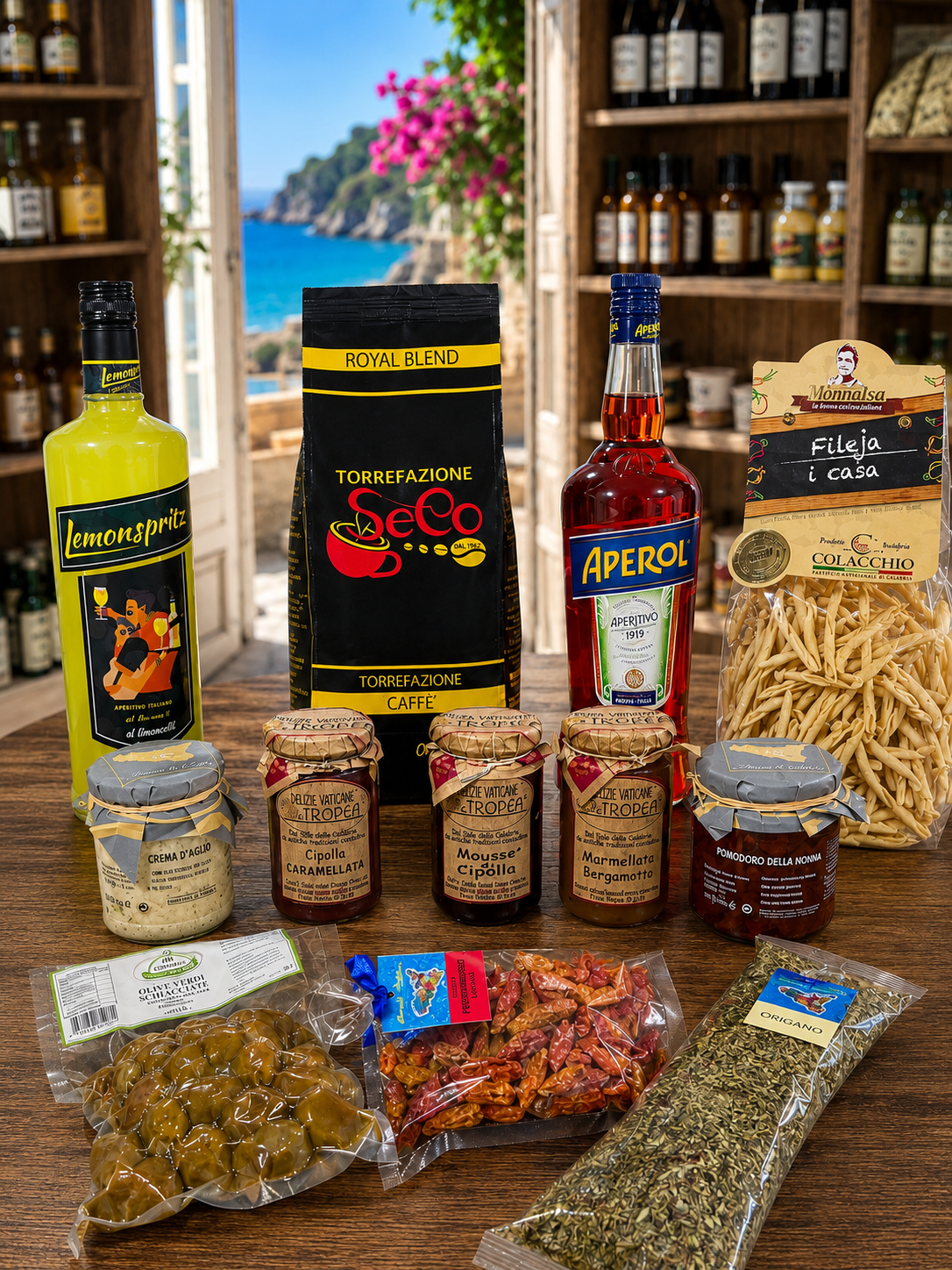 Rustikaler italienischer Gourmet Geschenkkorb mit kalabrischen und sizilianischen Delikatessen für Aperitivo & Genussmomente
