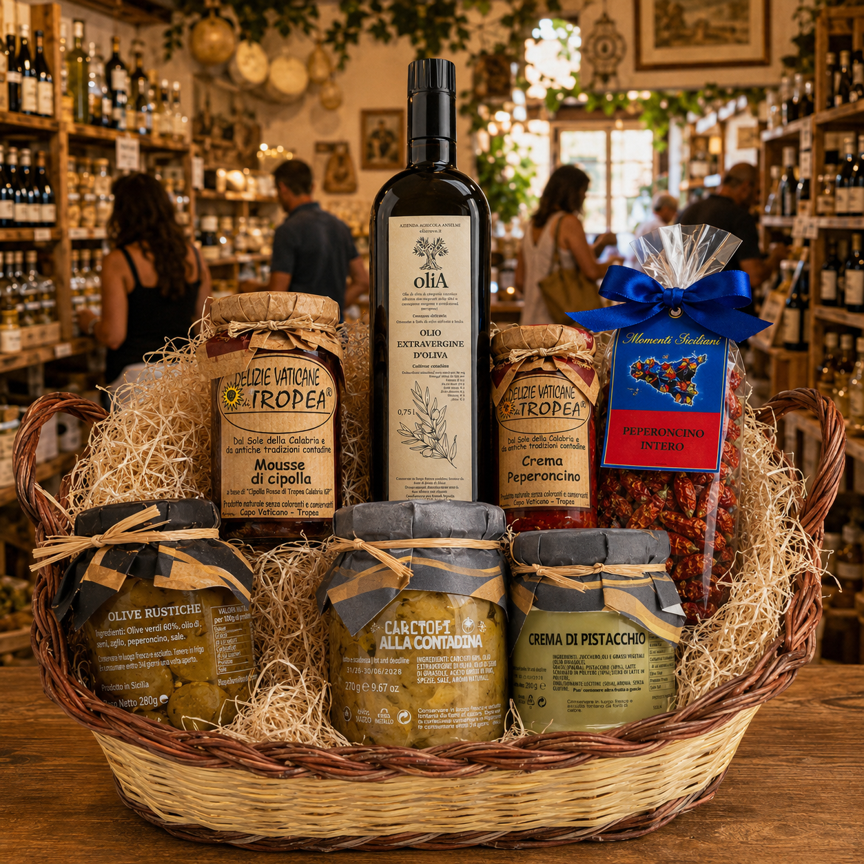 Italienischer Gourmet Geschenkkorb Bella Italia mit Olivenöl, Antipasti, Pistaziencreme und Tropea Spezialitäten im handgefertigten Weidenkorb