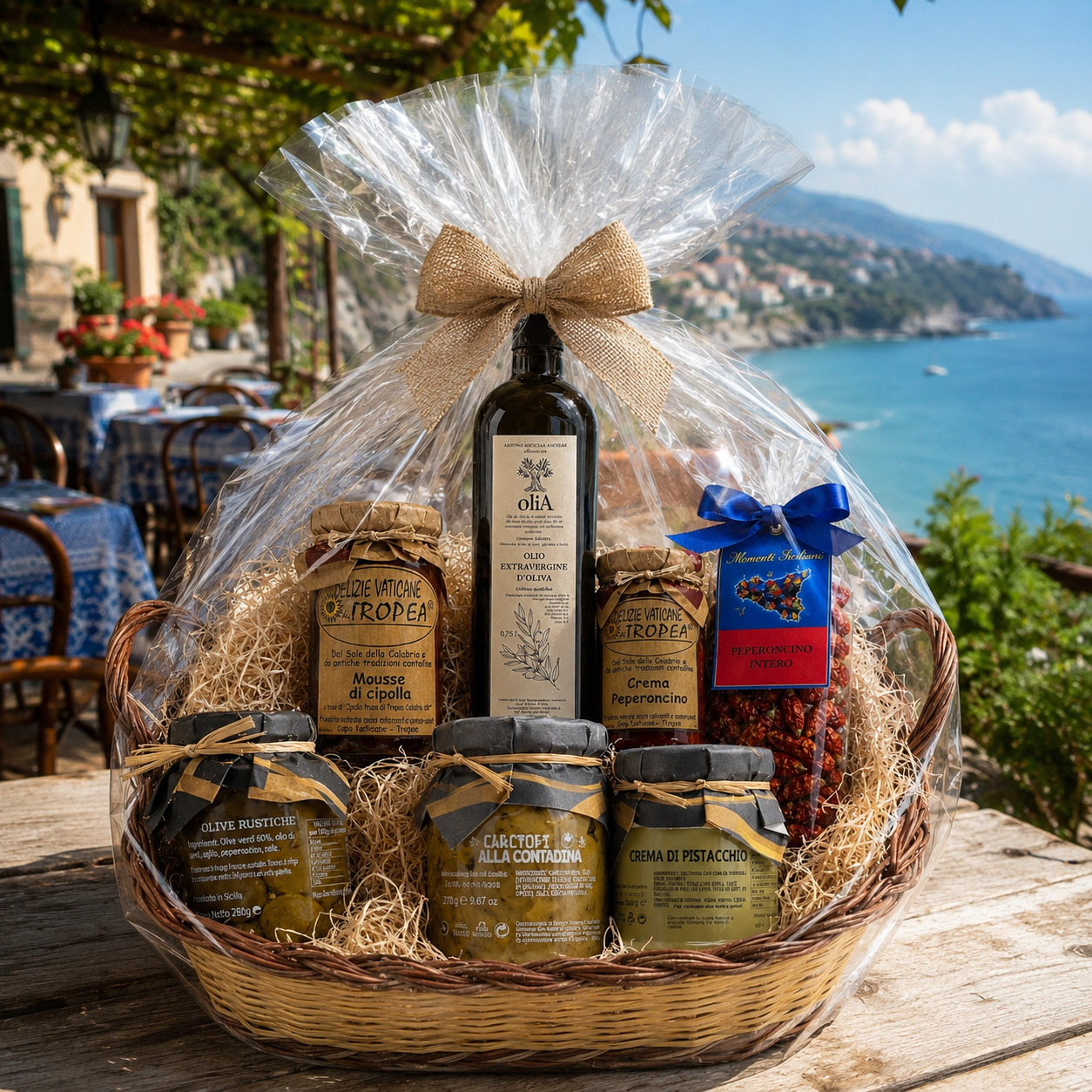 Italienischer Feinkost Geschenkkorb mit transparenter Geschenkfolie, rustikaler Juteschleife und mediterranen Spezialitäten am Meer