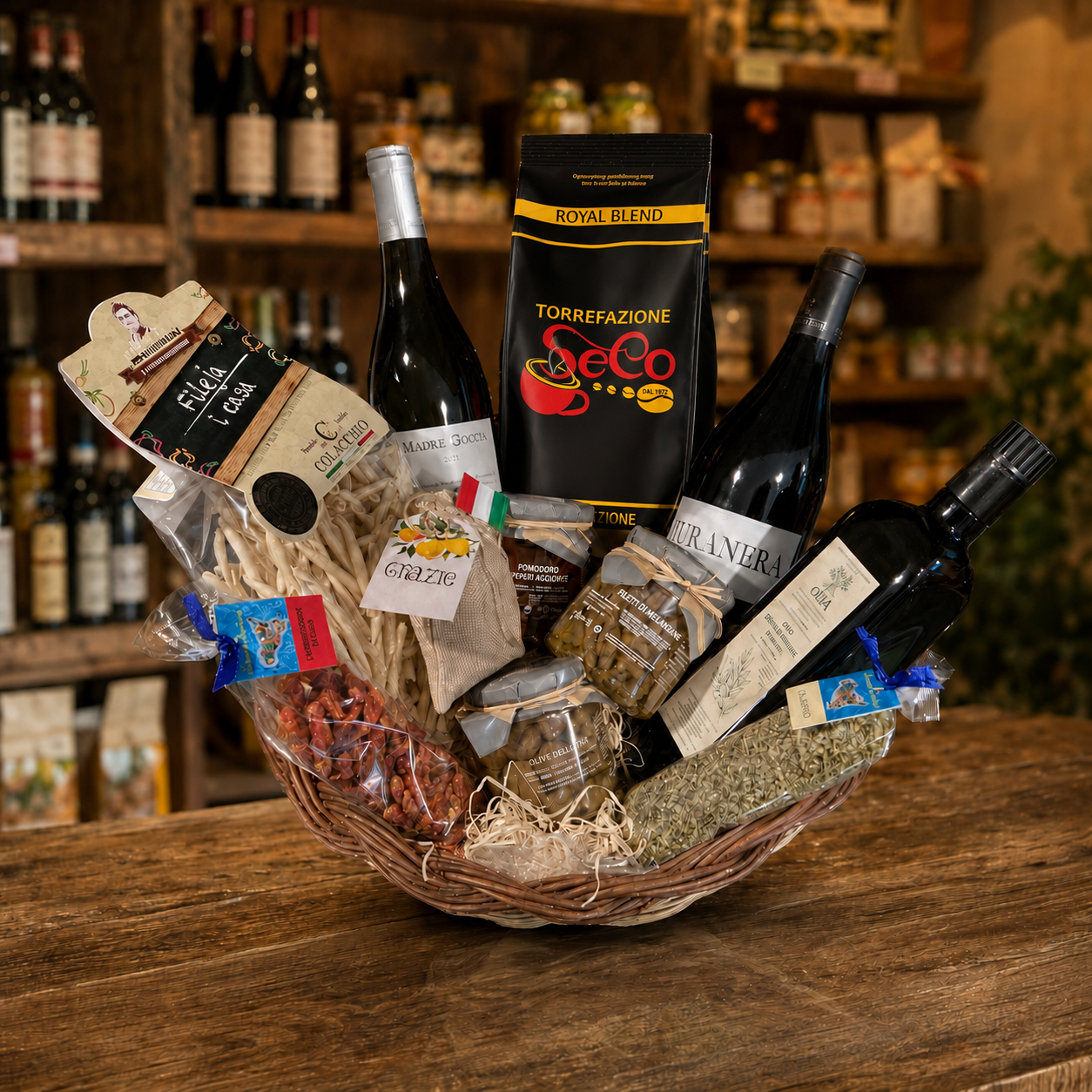 Italienischer Luxus Geschenkkorb im handgefertigten Weidenkorb mit zehn Gourmet-Spezialitäten