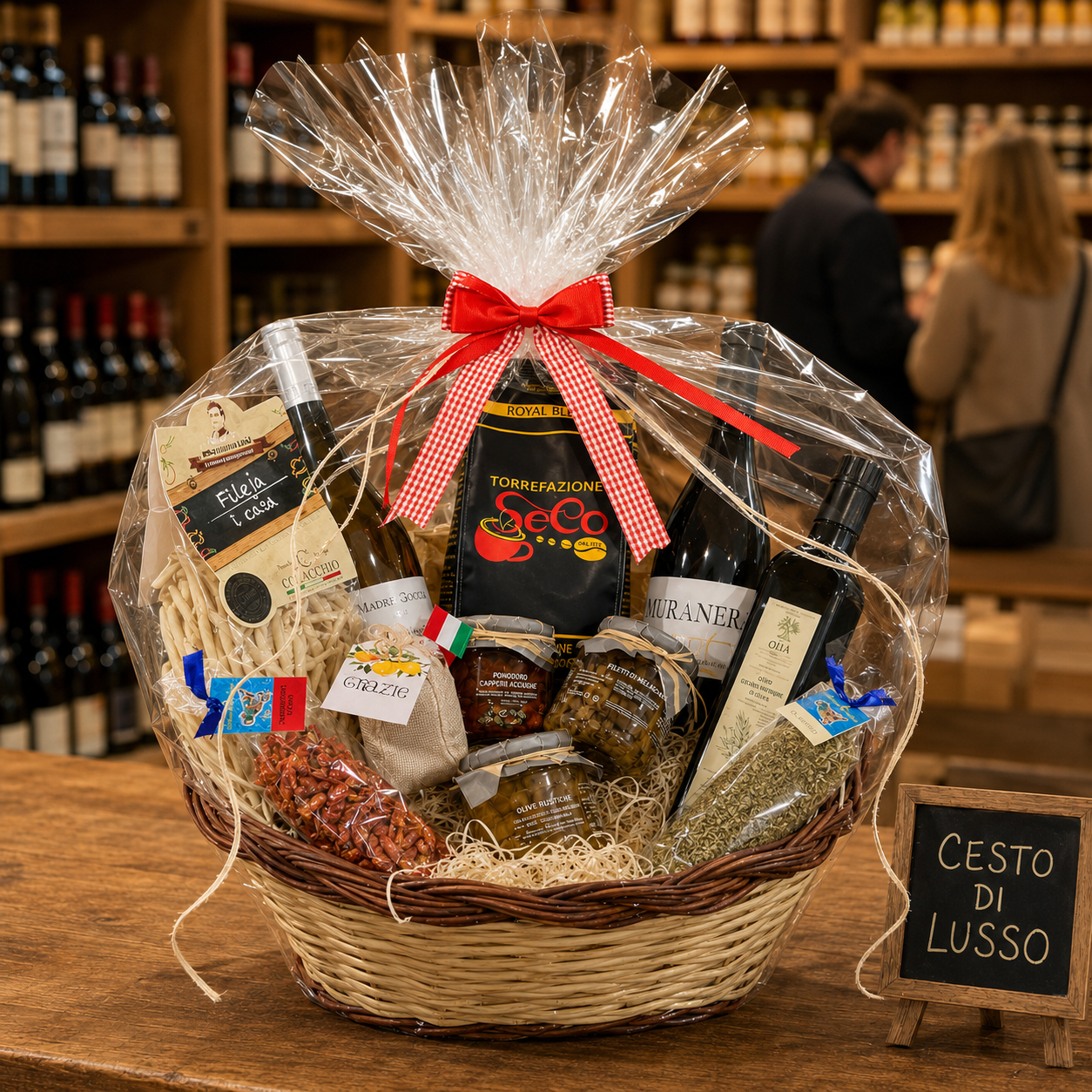 Luxus Geschenkkorb Italien mit Wein, Olivenöl, Pasta, Kaffee und mediterranen Feinkost-Spezialitäten