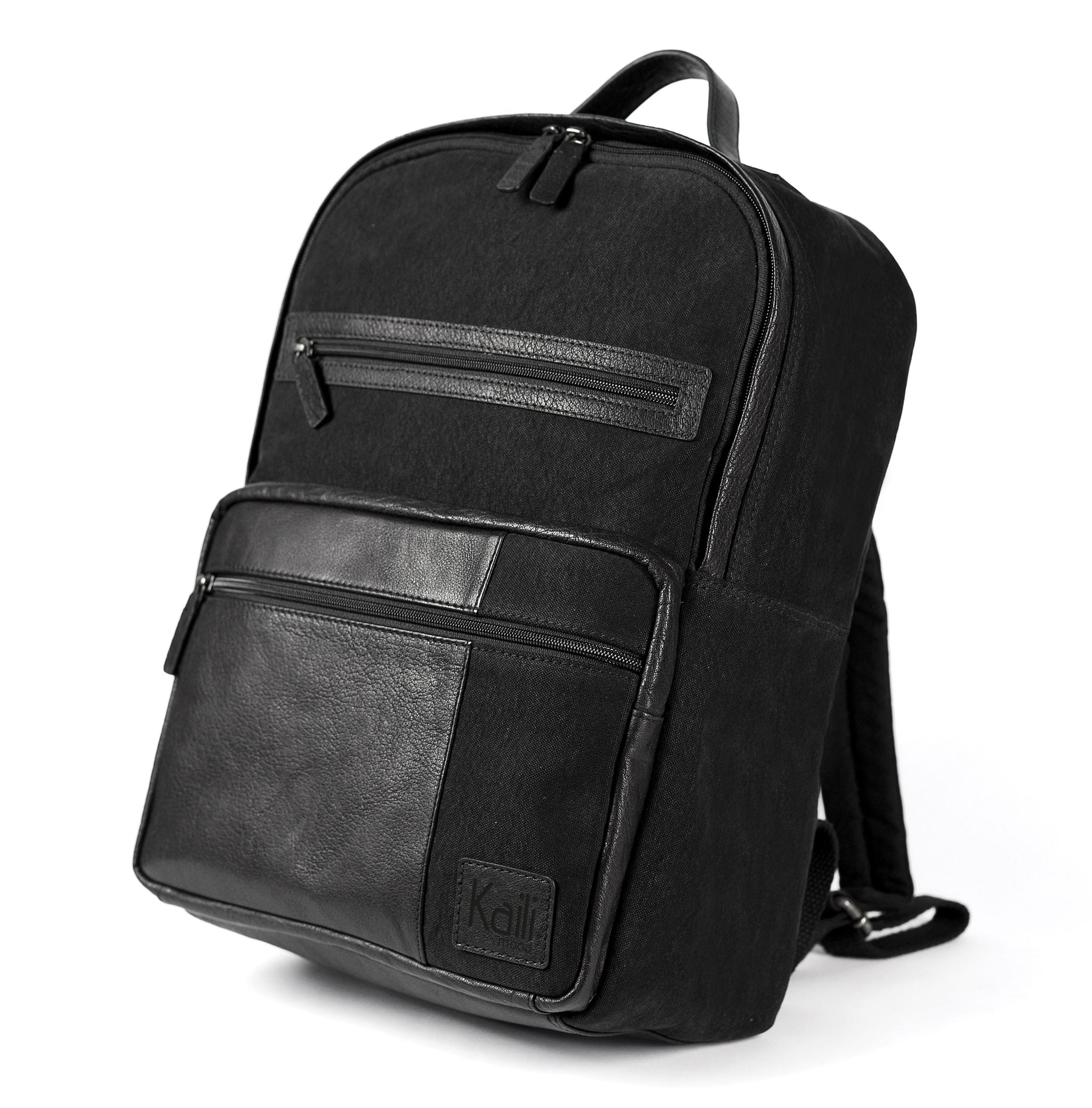 Italienischer Laptop Rucksack Leder Canvas Schwarz Vorderansicht