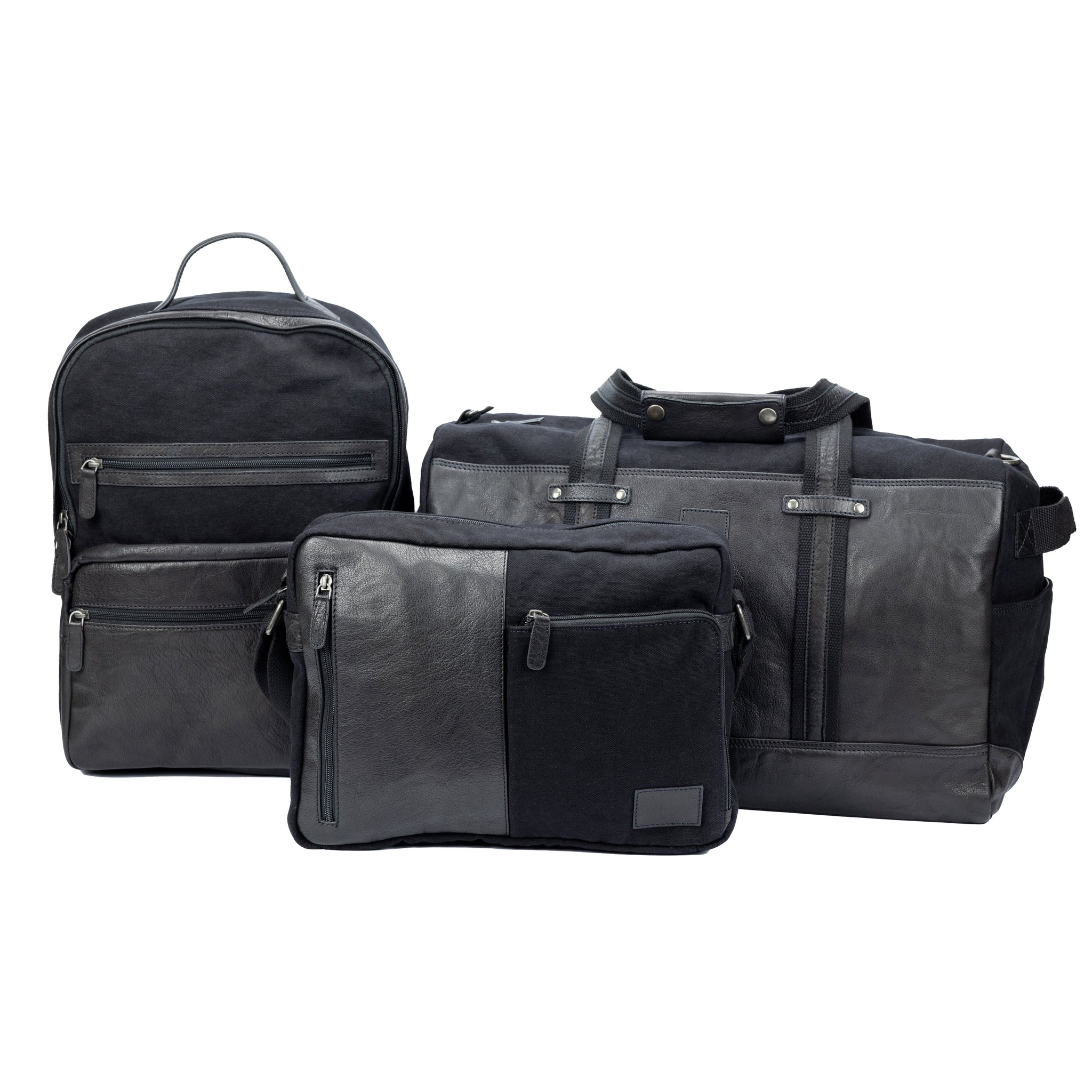 Schwarzer Laptop Rucksack Canvas Leder Seitentaschen Ansicht