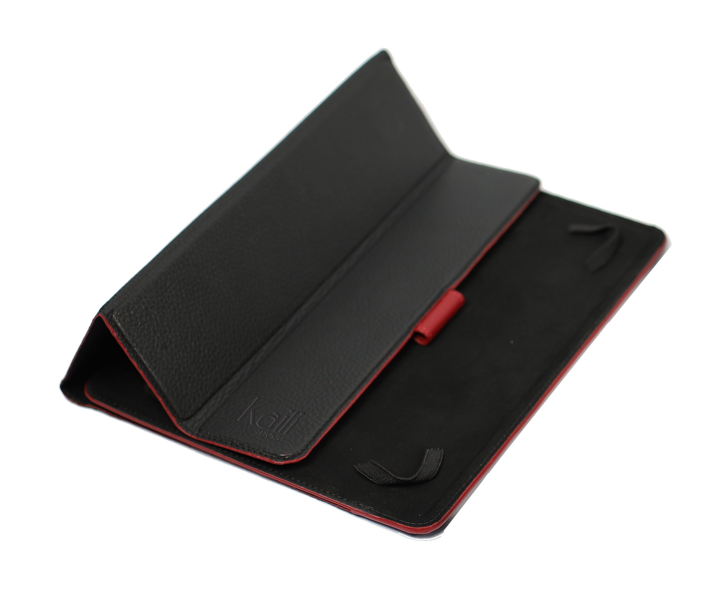 Italienische Tablet Hülle Leder schwarz mit roten Kanten, handgefertigte Tablet Tasche Echtleder Italien, kompatibel 8–10 Zoll, elegantes Design