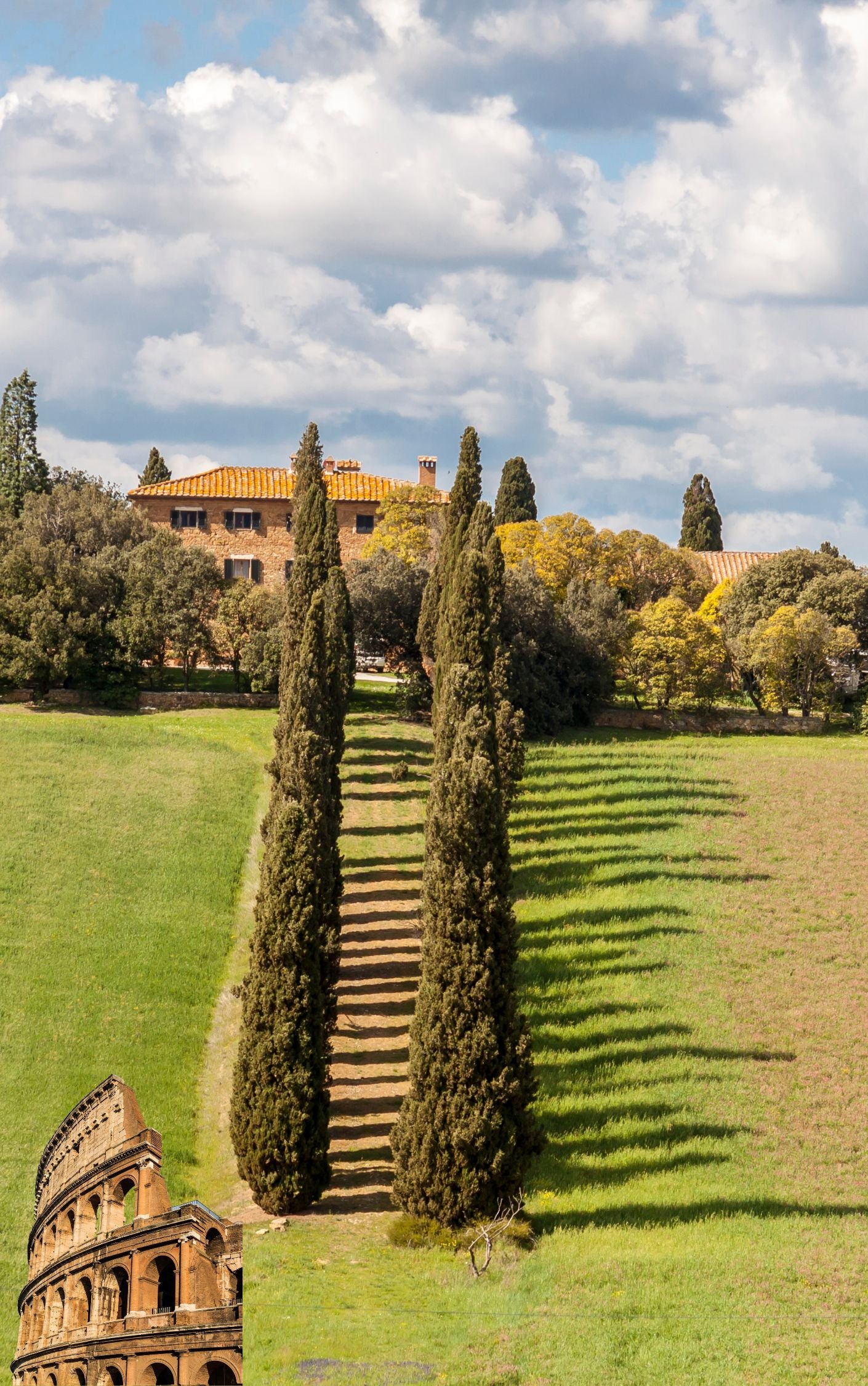 Toskanische Landschaft mit Zypressen und einer antiken Treppe, ländliche Ruhe und italienisches Erbe.