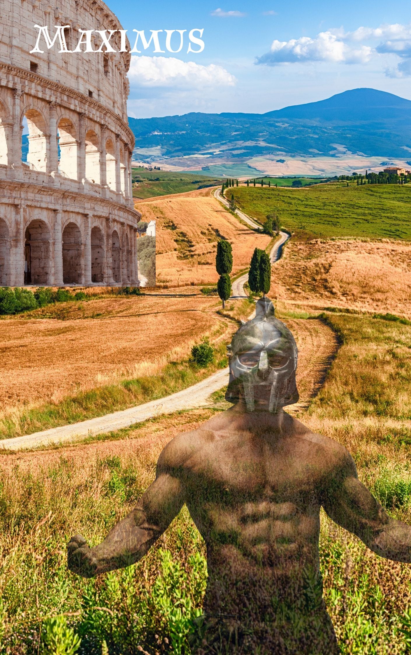 Römischer Gladiator vor dem Kolosseum mit einer Landschaft Italiens im Hintergrund, Darstellung von Stärke und Geschichte.