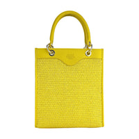 Italienische Damen Handtasche aus Leder und Stroh in Gelb – elegante Tote Bag Made in Italy mit abnehmbarer Lederriemen.