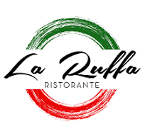 Logo des italienischen Restaurants La Ruffa, mit italienischen Nationalfarben (Grün, Weiß, Rot) und elegantem Schriftzug.