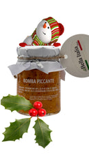 Bomba Piccante – Scharfe Würzpaste, 180g, festlich dekoriert mit Weihnachtsdetails, ideal für italienische Delikatessen, verfügbar im Bella Italia Store.