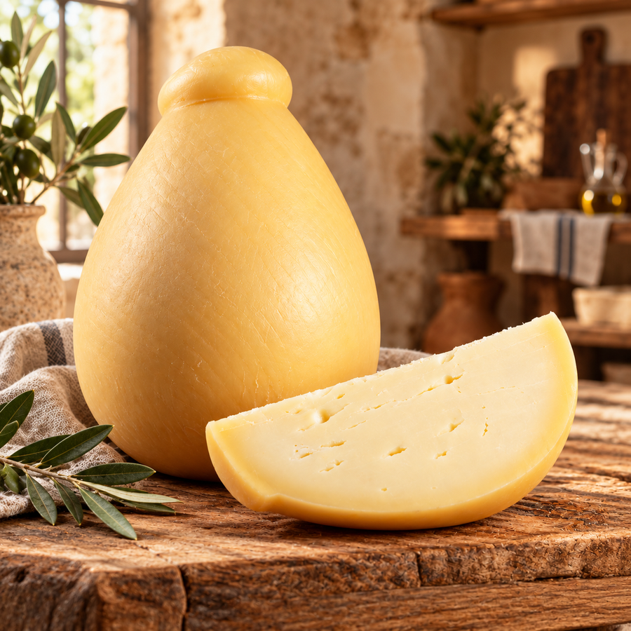 Caciocavallo della Piana auf einer Holztheke in einem rustikalen Feinkostladen – illustrative Präsentation.