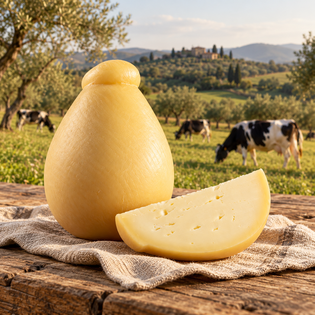 Caciocavallo della Piana vor einer Weide mit Kühen – KI-generierte Symbolszene.