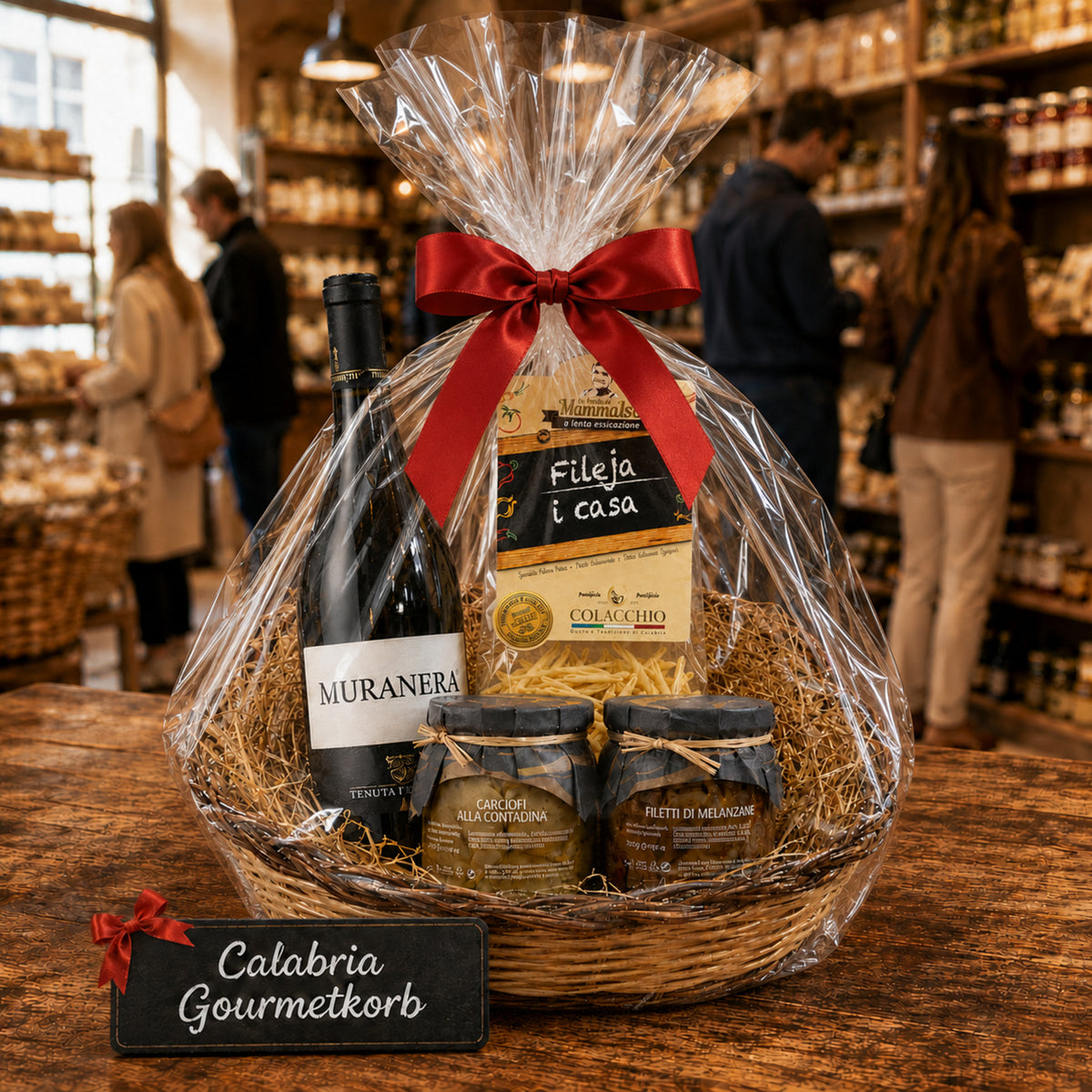 Calabria Gourmetkorb mit Muranera Rotwein, Fileja Pasta und italienischen Antipasti in Folie mit roter Schleife