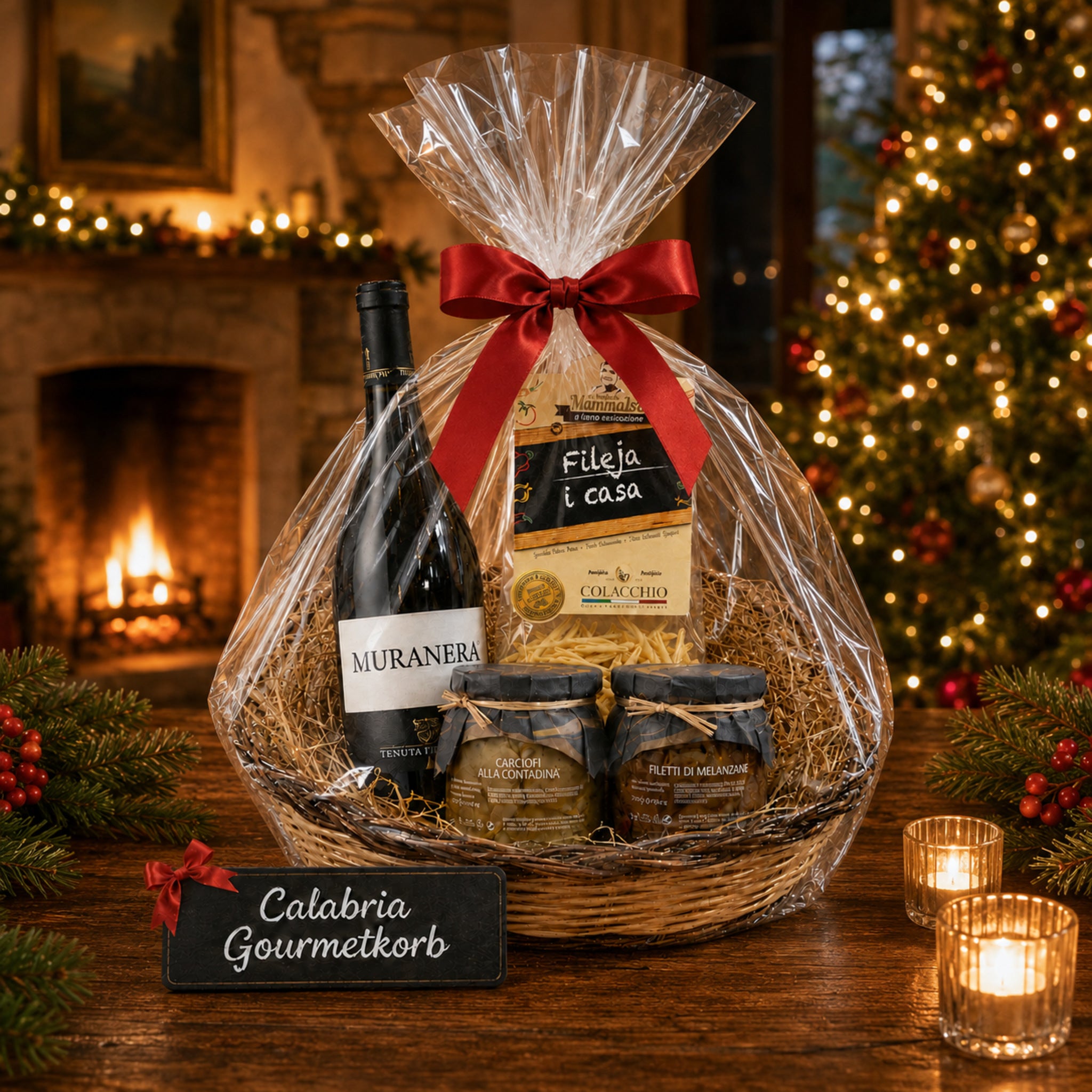 Calabria Gourmetkorb als Weihnachtsgeschenk mit Rotwein, Pasta und Antipasti vor Weihnachtsbaum und Kamin