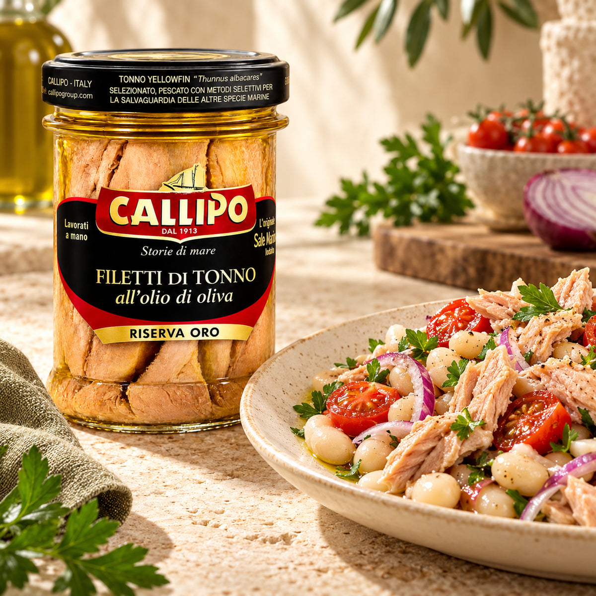Callipo Riserva Oro Thunfischfilets als Serviervorschlag mit Salat