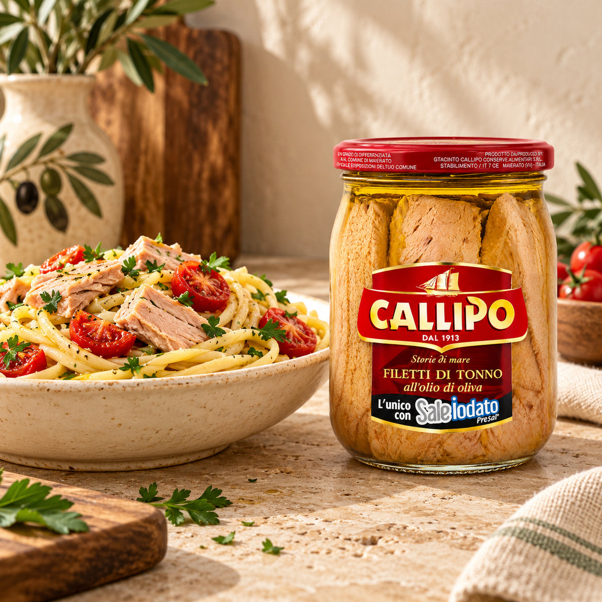 Callipo Thunfischfilets im großen Glas als Serviervorschlag mit Pasta