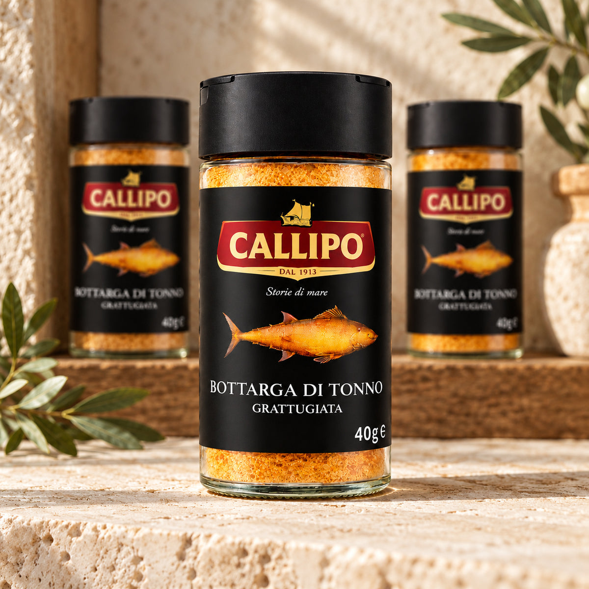 Callipo Bottarga di Tonno Grattugiata in einer rustikalen italienischen Feinkostboutique