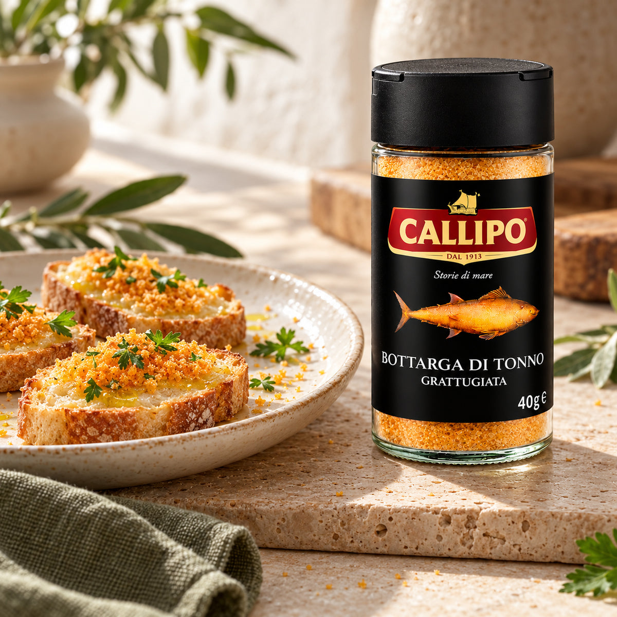 Callipo Bottarga di Tonno Grattugiata als Serviervorschlag auf Crostini