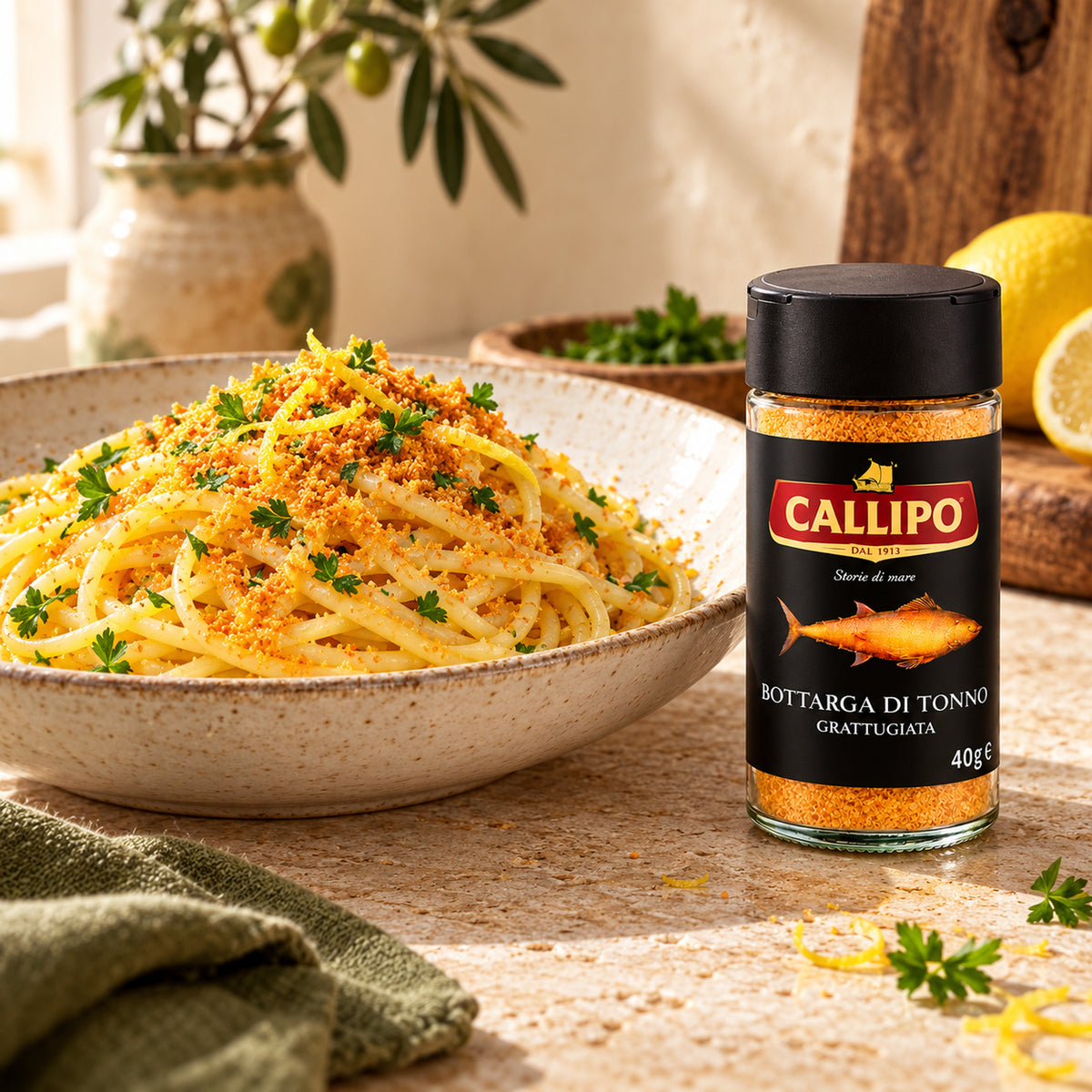 Callipo Bottarga di Tonno Grattugiata als Serviervorschlag mit Pasta