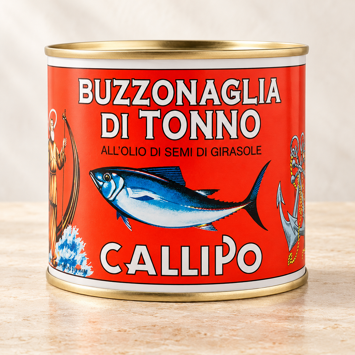 Callipo Buzzonaglia di Tonno in Sonnenblumenöl – rote Konservendose auf hellem Stein