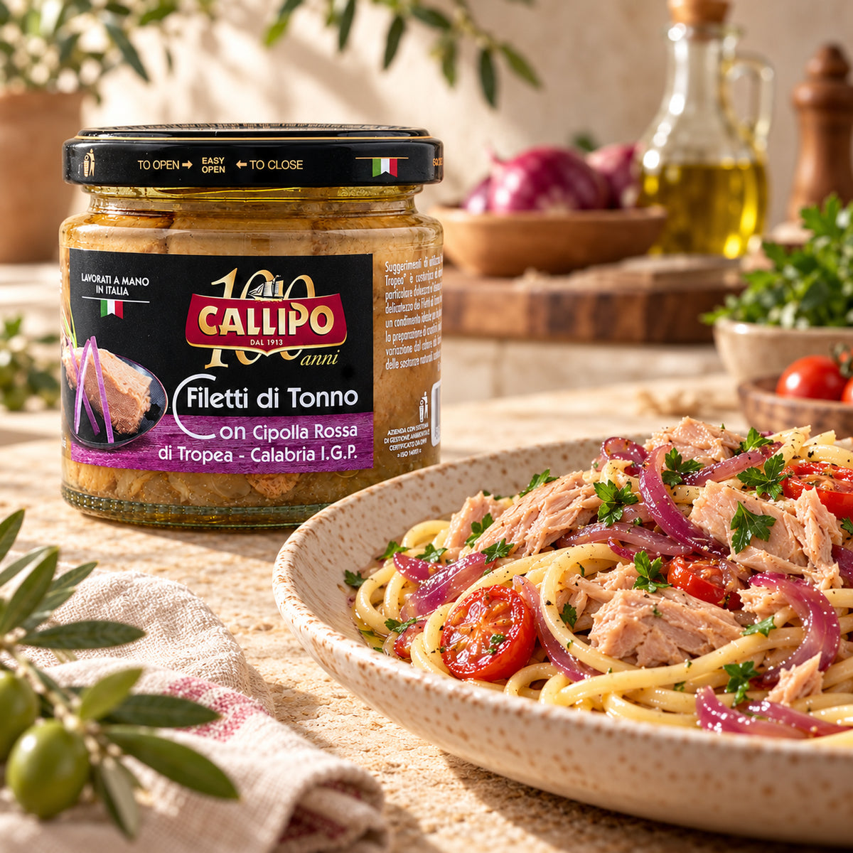 Callipo Thunfisch mit Tropea-Zwiebeln als Serviervorschlag mit Pasta