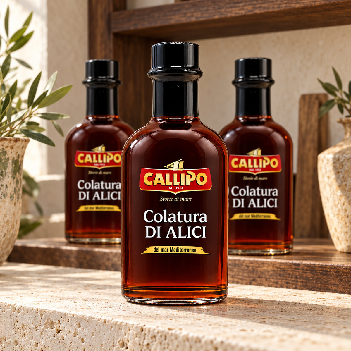 Callipo Colatura di Alici in einer rustikalen italienischen Feinkostboutique
