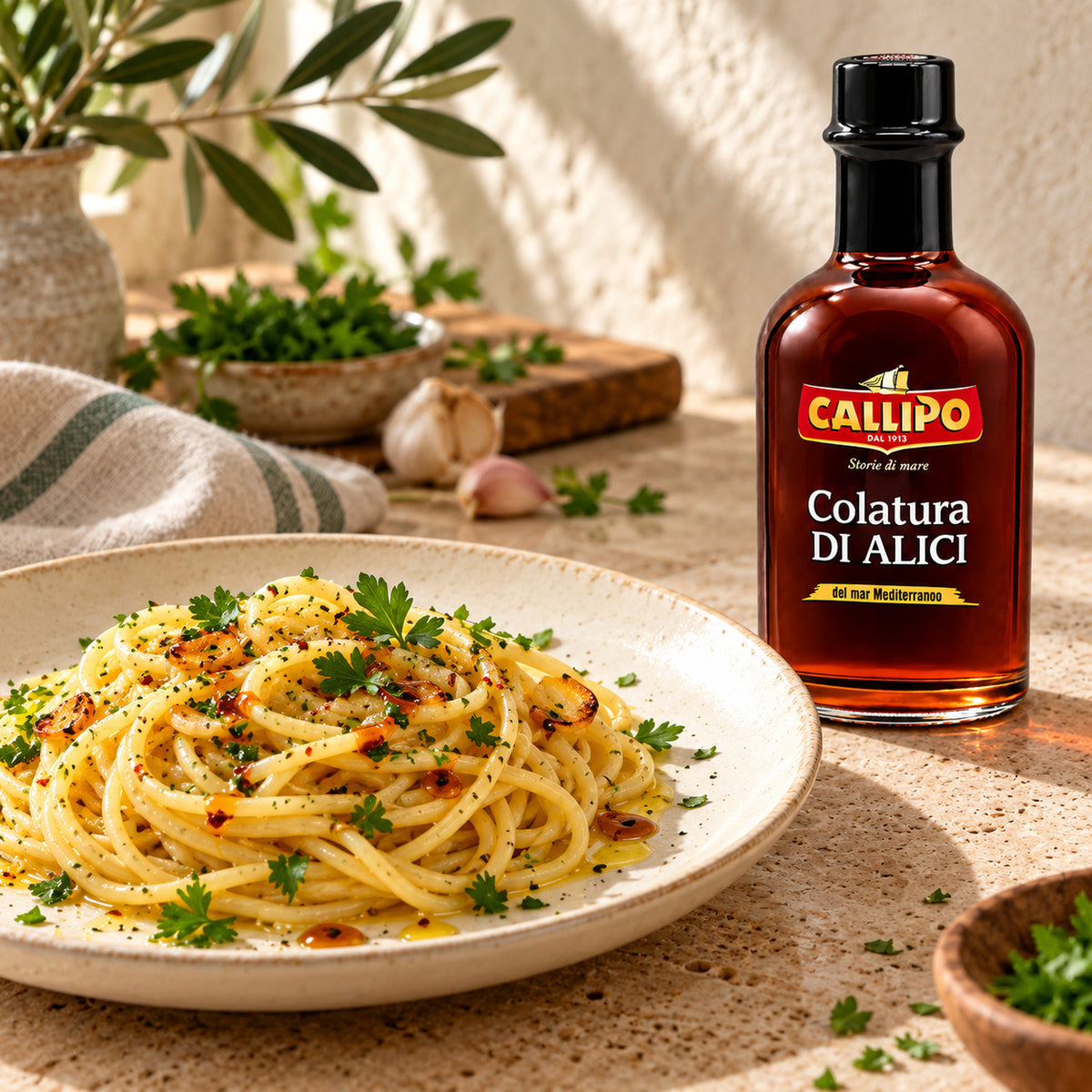 Callipo Colatura di Alici als Serviervorschlag mit Pasta