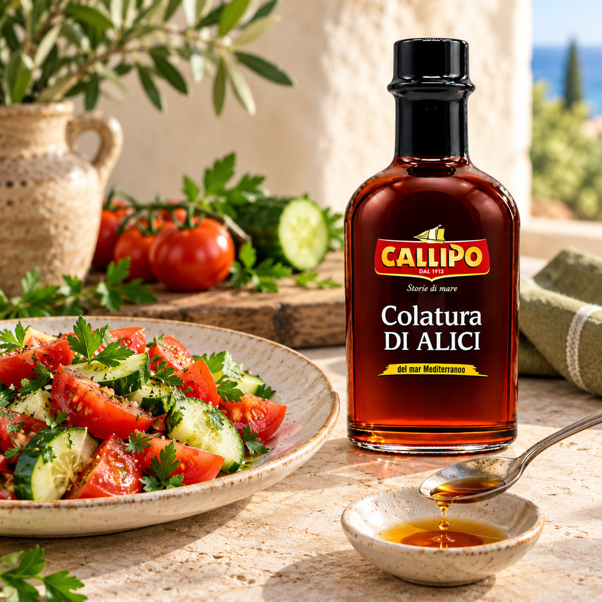 Callipo Colatura di Alici als Serviervorschlag mit Salat