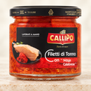 Callipo Thunfischfilets mit ’Nduja Calabrese im Glas auf hellem cremefarbenem Hintergrund