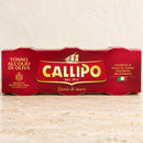 Callipo Thunfisch in Olivenöl im roten 3er-Pack auf cremefarbenem Travertin
