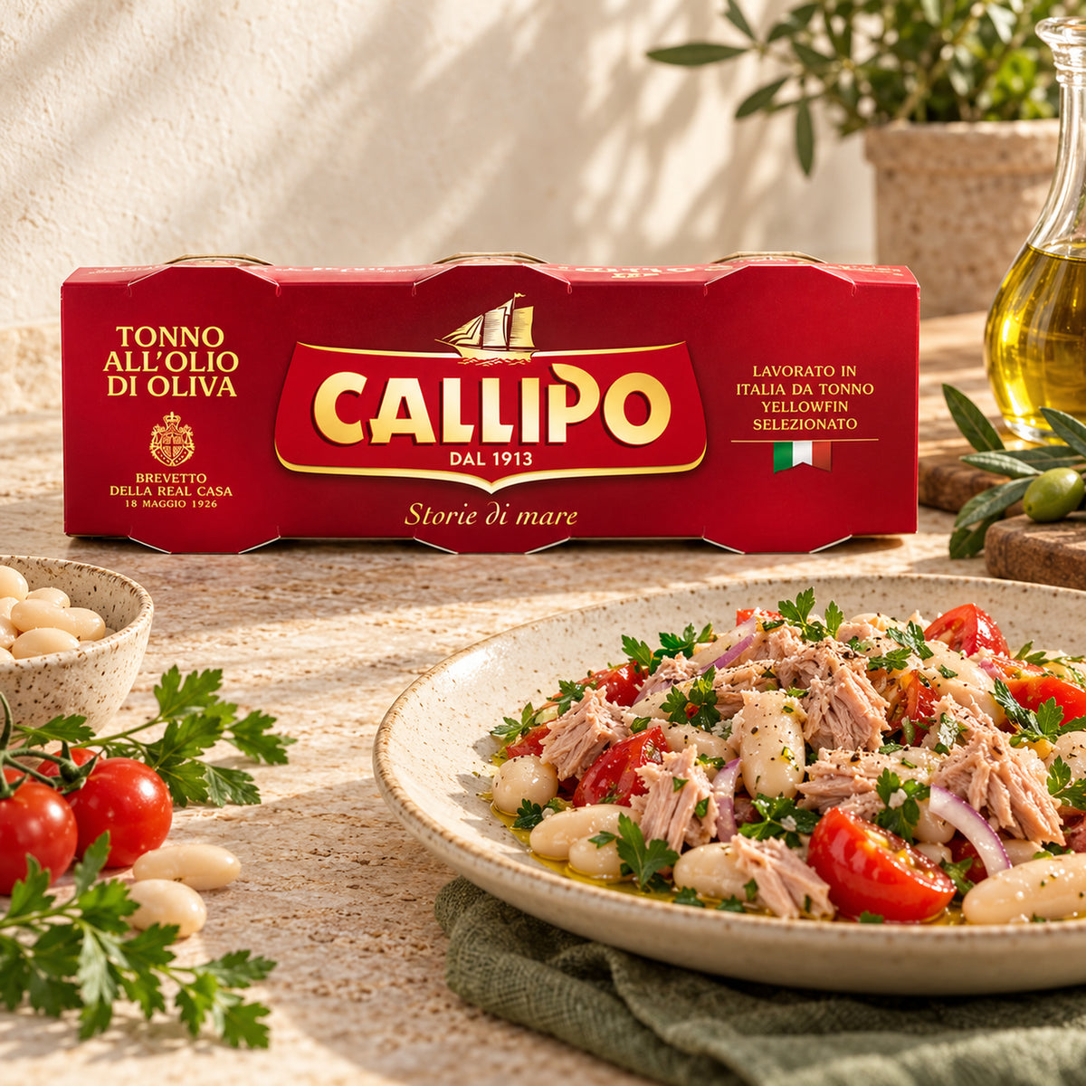 Callipo Thunfisch im 3er-Pack mit Salat aus weißen Bohnen und Tomaten – Serviervorschlag