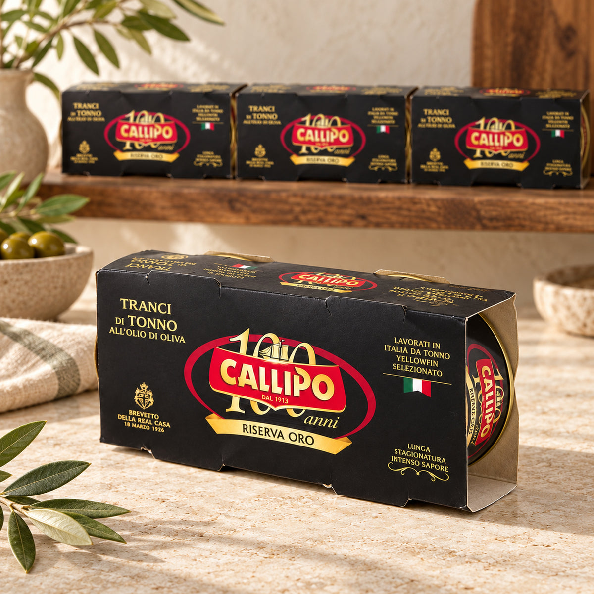 Callipo Riserva Oro Thunfisch im schwarzen 2er-Pack in italienischer Feinkost-Atmosphäre