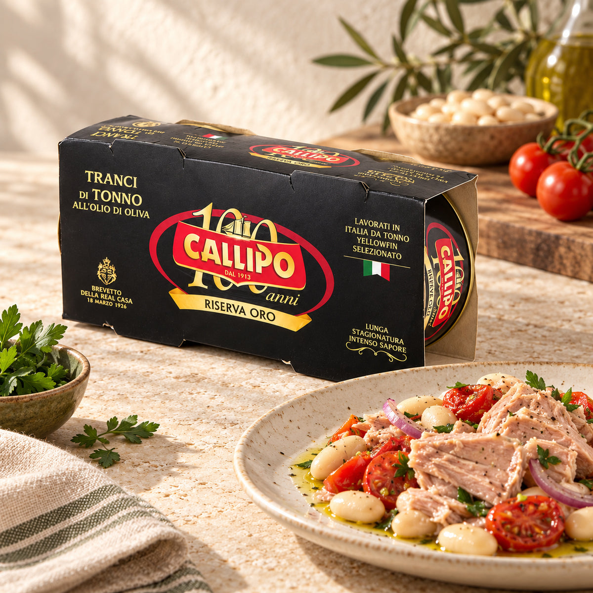 Callipo Riserva Oro Thunfisch im 2er-Pack mit Bohnen-Tomaten-Salat – Serviervorschlag
