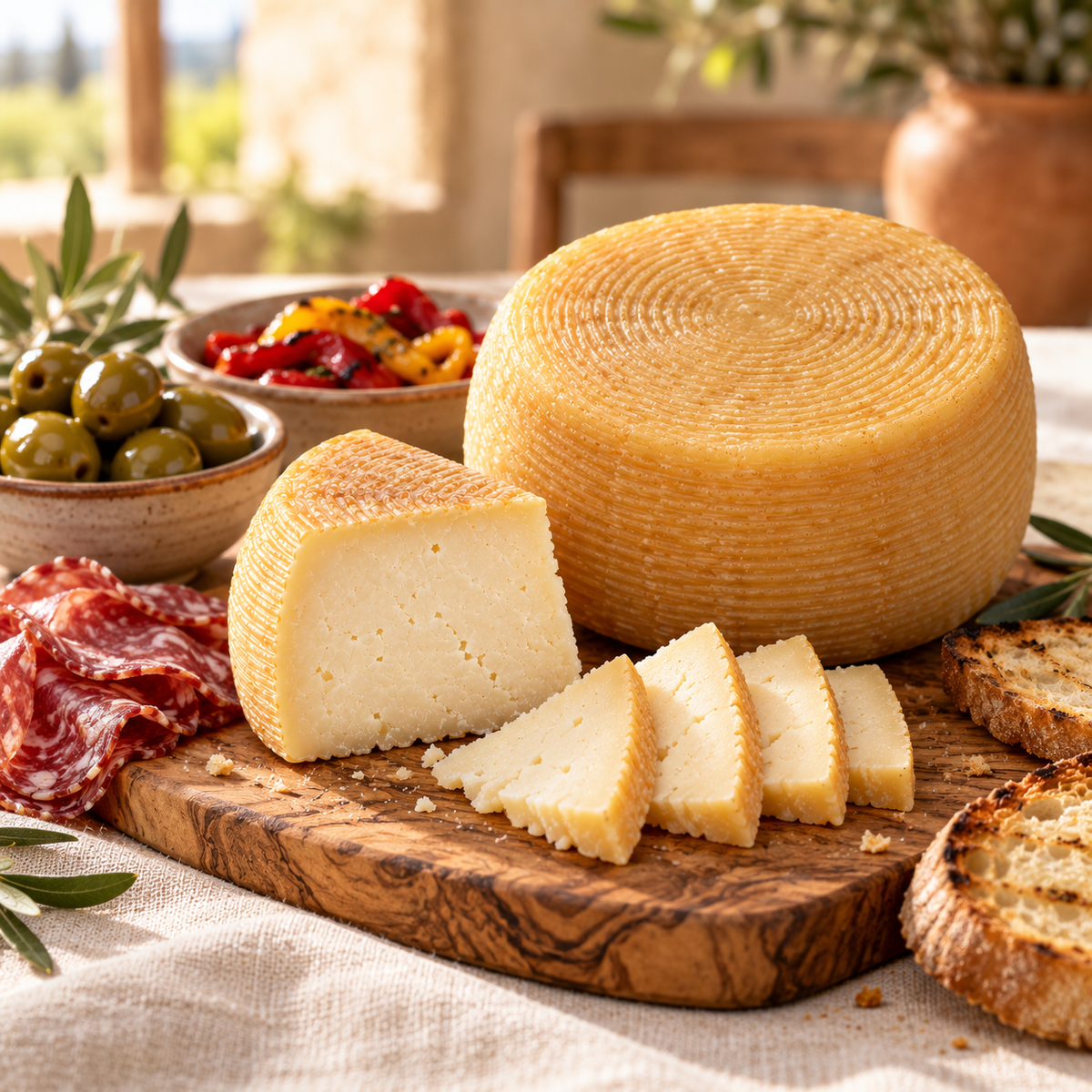 Canestrato della Piana auf einem Antipasti-Brett mit Oliven, Salami und Brot – Serviervorschlag.