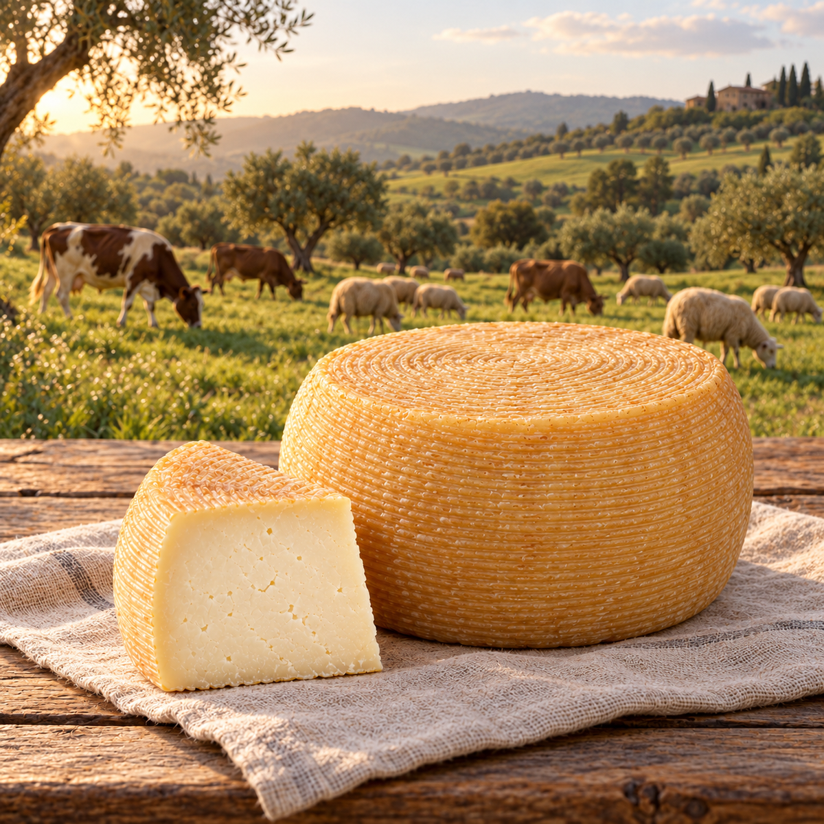 Canestrato della Piana vor einer Weide mit Kühen und Schafen – KI-generierte Symbolszene.