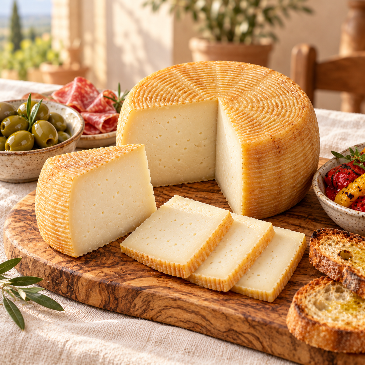 Caprino della Piana auf einem Antipasti-Brett mit Oliven, Salami und Brot – Serviervorschlag.