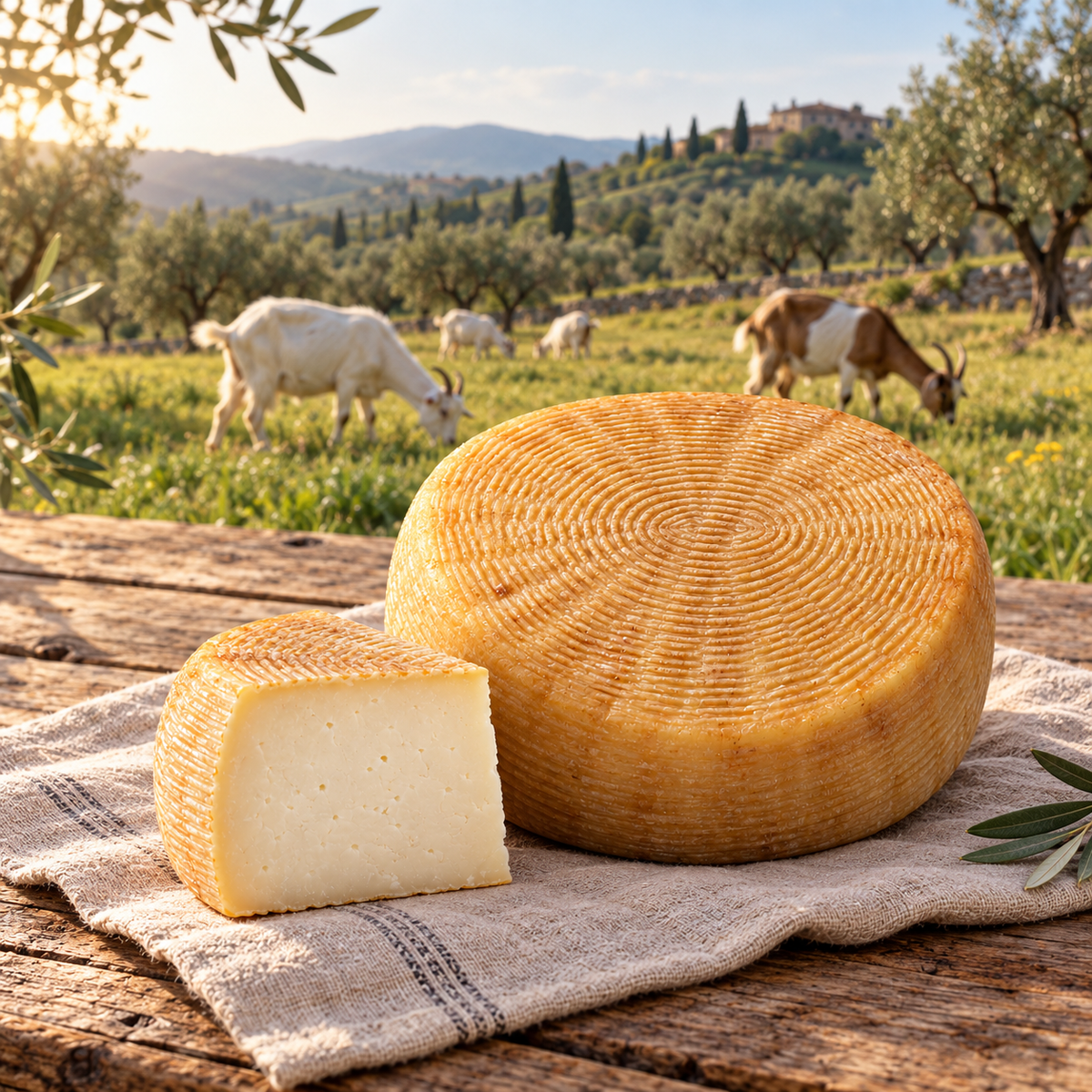 Caprino della Piana vor einer Weide mit Ziegen – KI-generierte Symbolszene.