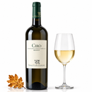 Cirò Greco Bianco DOC 2023 Weißwein mit Weinglas und herbstlichem Eichenblatt