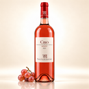 Cirò Rose DOC 2023 – 750 ml – mit rosafarbenen Trauben auf cremefarbenem Hintergrund mit Spiegelung