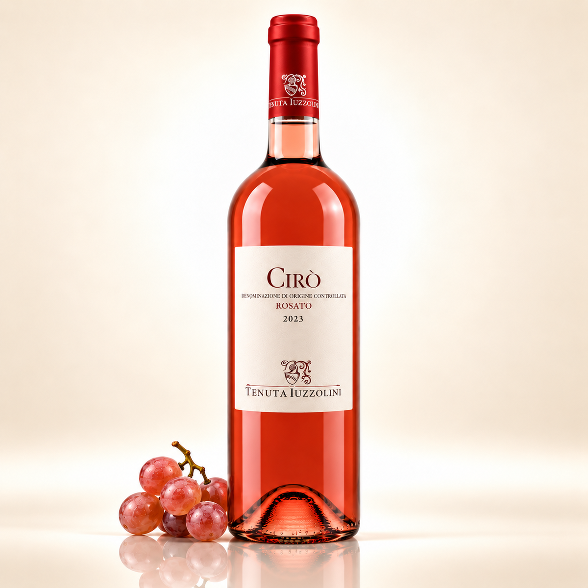 Cirò Rose DOC 2023 – 750 ml – mit rosafarbenen Trauben auf cremefarbenem Hintergrund mit Spiegelung