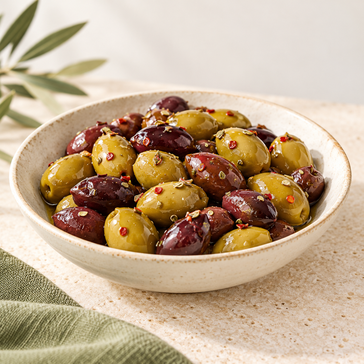 Cocktail di Olive – grüne und schwarze Oliven mit Chili in einer Keramikschale; Serviervorschlag.