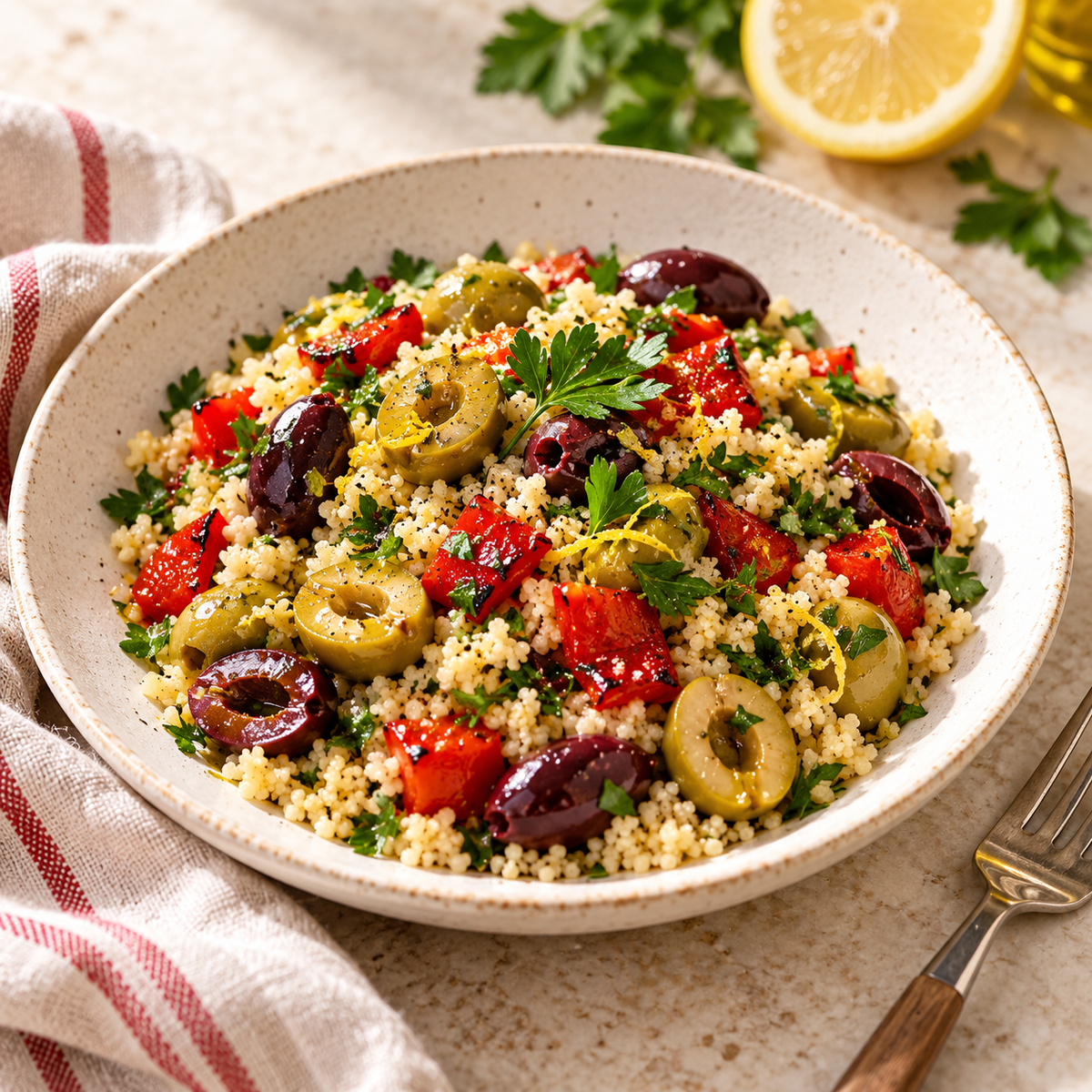 Couscous-Salat mit entsteinten grünen und schwarzen Oliven, Paprika und Petersilie; Rezeptidee.
