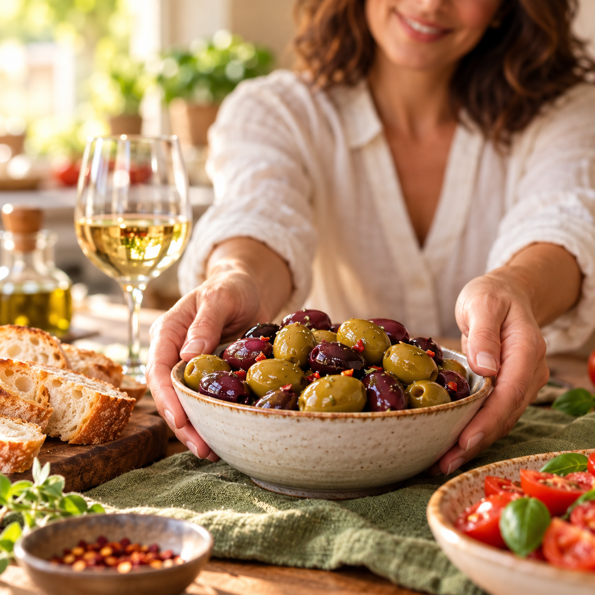Frau serviert eine Schale Cocktail di Olive auf einem italienisch gedeckten Tisch; Serviervorschlag.